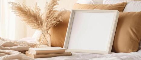 blank white frame mockup on bedside table with vase of dried flowers and stacked books, creating cozy and inviting atmosphere photo