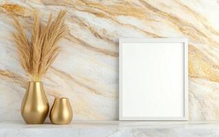 blank white frame mockup on marble background with golden vases and dried plants creates stylish and elegant decor. This setup is perfect for showcasing art or photography photo