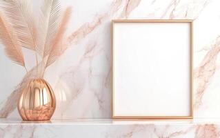 blank white frame mockup on marble surface with rose gold vase and decorative plants creates modern and elegant atmosphere photo
