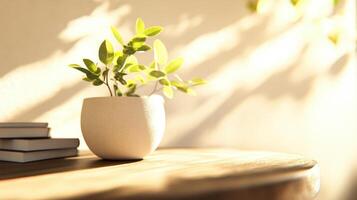minimalist plant in white pot on wooden table, illuminated by soft sunlight, creating serene atmosphere. Perfect for home decor or interior design inspiration photo