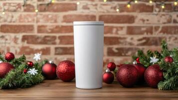 blank white tumbler stands on wooden table surrounded by festive red ornaments and greenery, creating warm holiday atmosphere photo