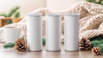 Three blank white tumblers on cozy table with pinecones and warm blanket, perfect for holiday gatherings photo