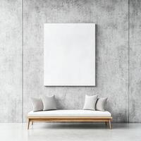 low profile sofa with decorative pillows against blank concrete wall, creating minimalist and modern aesthetic. empty s above adds to serene atmosphere photo