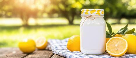 Fresh lemon jar on picnic blanket with whole and sliced lemons photo
