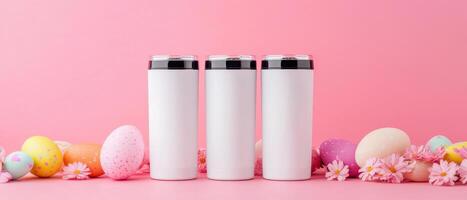 Minimalist white tumblers on pink background with colorful Easter eggs and flowers, perfect for spring celebrations photo