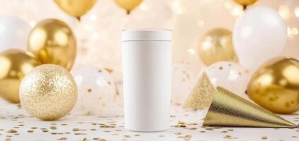 sleek white tumbler stands out against festive backdrop of gold and white balloons, sparkling decorations, and party hats, perfect for celebrations photo