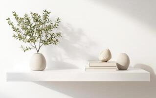 sleek white shelf displays decorative vases with greenery and stacked books, creating minimalist and serene atmosphere photo