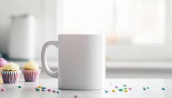 blank white mug on kitchen counter surrounded by colorful sprinkles and cupcakes, creating cheerful and inviting atmosphere. Perfect for coffee lovers photo