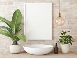 blank white frame mockup against brick wall, styled with plants and pendant light, creates serene and modern atmosphere. Ideal for showcasing art or photography photo