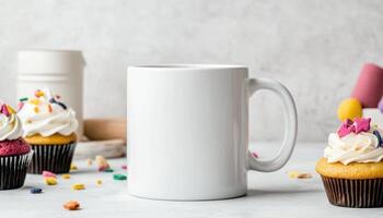 blank white mug on kitchen counter surrounded by colorful cupcakes and sprinkles creates cheerful and inviting atmosphere. Perfect for showcasing your favorite beverage or dessert photo