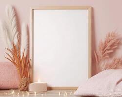 blank white frame mockup on light wooden floor with decorative elements like dried plants and soft textiles, creating cozy atmosphere. Ideal for showcasing art or photography photo