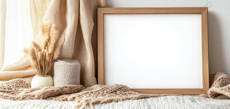 blank white frame mockup in vintage inspired setting with natural textures. scene features soft fabrics, decorative vase, and dried flowers, creating cozy atmosphere photo