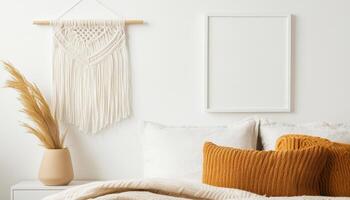 Cozy bohemian bedroom with macrame wall art, neutral tones, and warm accents. inviting atmosphere features blank frame, decorative pillows, and stylish vase photo
