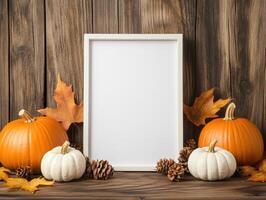 blank white frame mockup surrounded by autumn leaves, pumpkins, and pine cones creates warm, inviting atmosphere perfect for seasonal decor photo