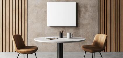 modern office interior featuring round table, two brown chairs, and blank white frame on wall, creating minimalist and inviting atmosphere photo
