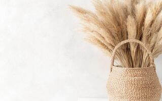 woven basket filled with dried pampas grass against neutral wall, creating serene and natural decor element. This arrangement adds touch of bohemian style to any space photo