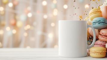 blank white mug is placed near colorful macarons, creating cheerful and inviting atmosphere. background features soft bokeh lights, enhancing festive feel photo