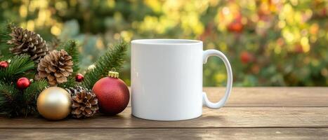 blank white mug sits on wooden table surrounded by festive decorations, including pinecones and Christmas ornaments, creating warm holiday atmosphere photo