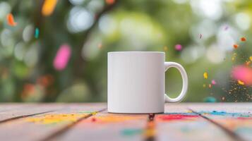 blank white mug stands on wooden table surrounded by colorful confetti, creating festive atmosphere. This mockup is perfect for showcasing designs or branding ideas photo
