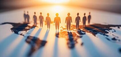 Silhouettes of people standing on world map, symbolizing global connection and teamwork. warm sunlight creates hopeful atmosphere, emphasizing collaboration photo