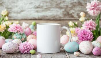 blank white mug surrounded by colorful Easter eggs and flowers creates festive spring atmosphere. Perfect for showcasing seasonal designs or messages photo