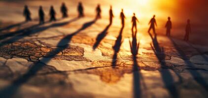 Silhouettes of people casting long shadows on textured surface at sunset, creating dramatic and artistic scene photo