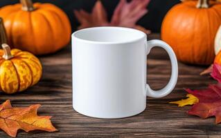 blank white mug surrounded by pumpkins and autumn leaves, perfect for seasonal decor or cozy beverage. Ideal for showcasing designs or personalizing for fall photo