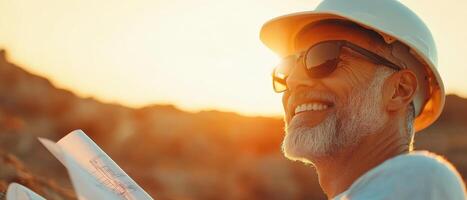 Enthusiastic architect reviewing blueprints at sunset, wearing hard hat and sunglasses, showcasing joyful expression while immersed in his work photo