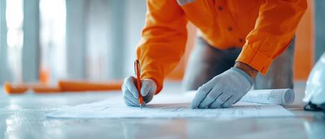 enthusiastic architect reviewing blueprints on construction site, wearing gloves and orange jacket, focused on details of plans photo