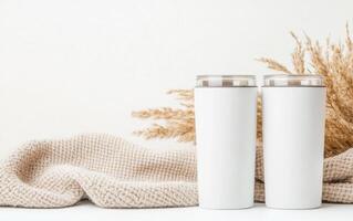 Minimalist design featuring two blank white tumblers beside cozy beige blanket and dried grass. Perfect for showcasing branding or personal designs photo