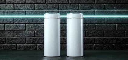 Minimalist design of two white containers against dark brick wall, illuminated by neon light. Perfect for modern decor or product display photo
