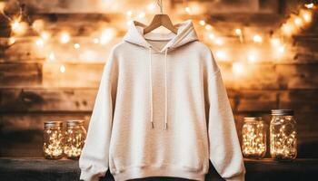 cozy hoodie displayed against rustic wooden backdrop with warm fairy lights, creating charming and inviting atmosphere. Perfect for casual wear or cozy nights photo