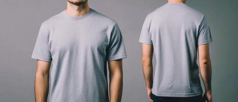 grey t shirt displayed from front and back views, showcasing its simple design and comfortable fit. Ideal for casual wear or layering photo