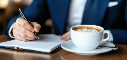 focused journalist writing notes in cozy cafe while enjoying cup of coffee. warm atmosphere enhances creativity and productivity photo