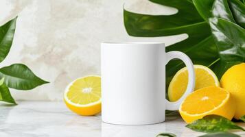 minimal blank white mug surrounded by fresh lemons and green leaves, creating vibrant and refreshing atmosphere. Perfect for showcasing beverages or designs photo