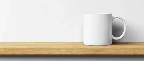 minimalistic white mug on wooden shelf against plain background, perfect for showcasing designs or branding. Ideal for product mockups and presentations photo