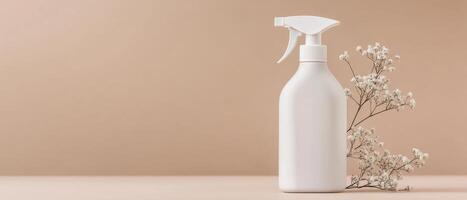 matte white spray bottle with sleek design, accompanied by delicate flowers, creates minimalist aesthetic. Perfect for home decor or cleaning products photo