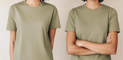 plain olive green t shirt displayed on model, showcasing front and back views. shirt features classic fit, perfect for casual wear and versatile styling options photo