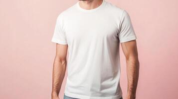 plain white t shirt on male model against soft pink backdrop, showcasing casual and stylish look. Perfect for everyday wear or promotional use photo