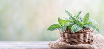 Fresh stevia leaves in handwoven basket with dew drops, showcasing nature beauty and freshness. Perfect for culinary uses or herbal remedies photo
