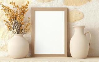 minimalist display featuring blank frame, vase with dried flowers, and ceramic pitcher against textured wall. This serene arrangement adds touch of elegance to any space photo