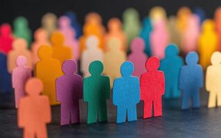 Colorful paper cutouts of people in various shades create vibrant scene, symbolizing diversity and community. arrangement highlights unity and togetherness photo