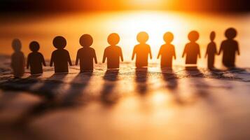 Silhouettes of paper figures standing together at sunset, symbolizing unity and community. warm glow creates serene atmosphere, highlighting connection and togetherness photo