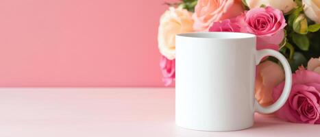 white mug placed on pastel pink table, surrounded by beautiful roses, creates serene and inviting atmosphere perfect for cozy drink photo