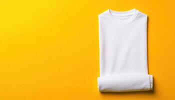 folded white plain t shirt on vibrant yellow background, showcasing simplicity and style. Perfect for casual wear or branding opportunities photo