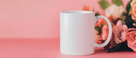 white mug on pastel pink table with bouquet of roses in background, creating serene and inviting atmosphere. Perfect for showcasing designs or branding photo