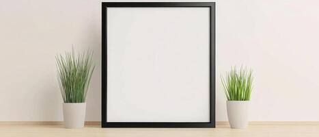 blank black frame mockup in bright, airy living space with green plants on either side, creating fresh and inviting atmosphere photo