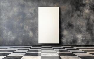 blank white frame mockup on textured black and white tiled wall, creating modern and minimalist aesthetic. This setting is perfect for showcasing artwork or photography photo
