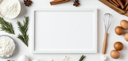 blank white frame mockup surrounded by baking ingredients like flour, eggs, and spices, perfect for kitchen setting photo