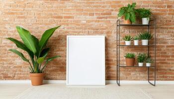 Blank white frame mockup on industrial loft wall with plants and shelf photo